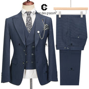 Cenne Des Graoom 2024 Elegant Men Suits Single-Breasted Plaid Two Button Blazer Waistcoat Pants 3 Piece Set Classic Fit Formal