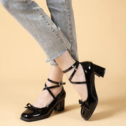 Black Retro Cross-Tie Pumps Casual Summer Round Toe Shoes Ladies Sweet Fashion Shoes Woman Bow Design